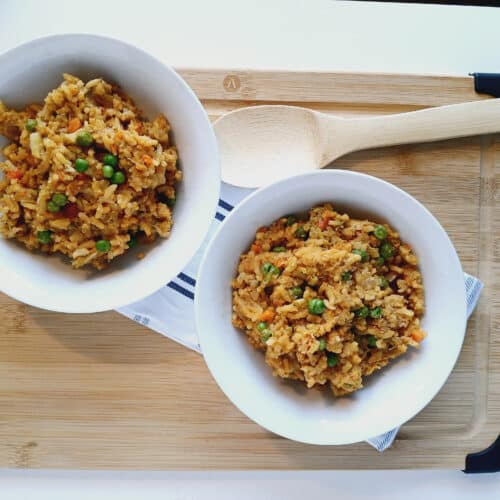 Here are two portions of the creamy red lentil risotto. It is plant-based, vegan and dairy free!