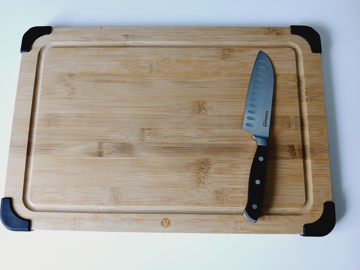 My cutting board  and knife. This is essential for plant-based meal prep tools.  